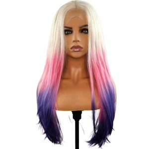 Purple Pink Blonde Ombre Straight Glueless Preplucked Lace Front Synthetic Wig